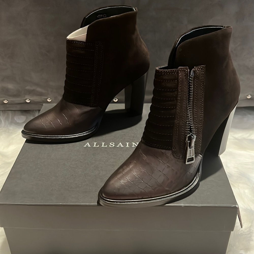 Never worn. Perfect condition. Brown suede & leather All Saints bottles. Size